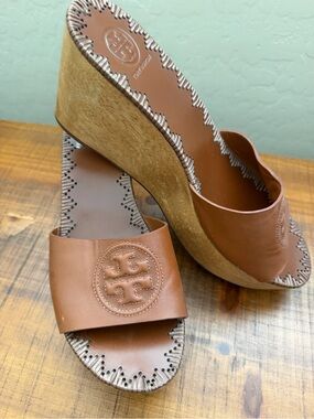 Tory Burch Tan Leather Logo Wedge Slides